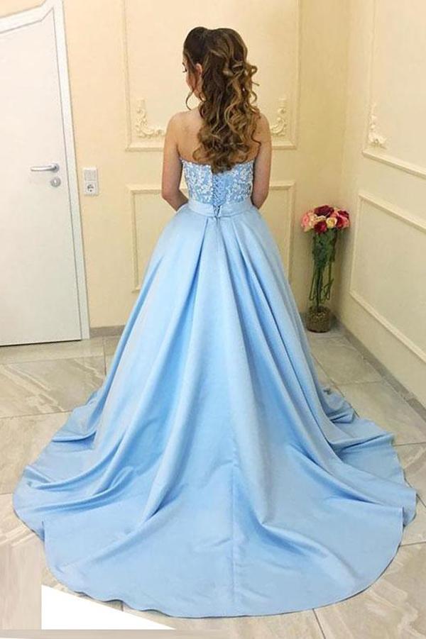 Blue Sweetheart Neck Strapless Satin A-line Princess Long Prom Dresses, MP144 at musebridals.com