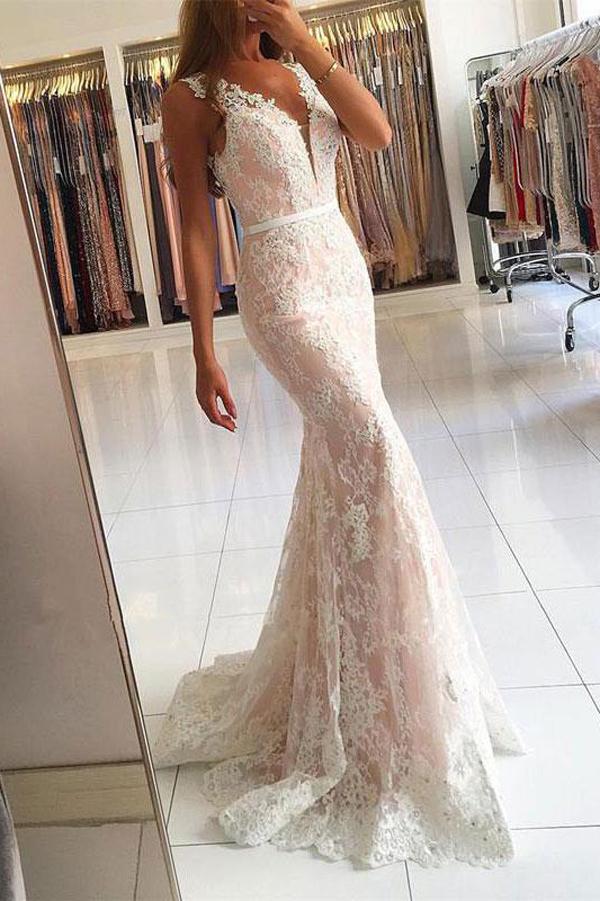 Gorgeous Ivory Mermaid V-neck Lace Long Prom Dresses with Sweep Train, MP263