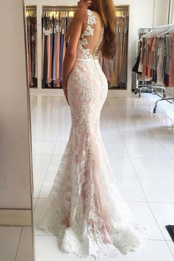 Gorgeous Ivory Mermaid V-neck Lace Long Prom Dresses with Sweep Train, MP263|musebridals.com