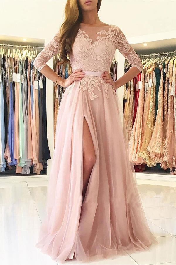 Pink Illusion Neck Tulle A-line Lace Half Sleeve Split Long Prom Dresses, MP325