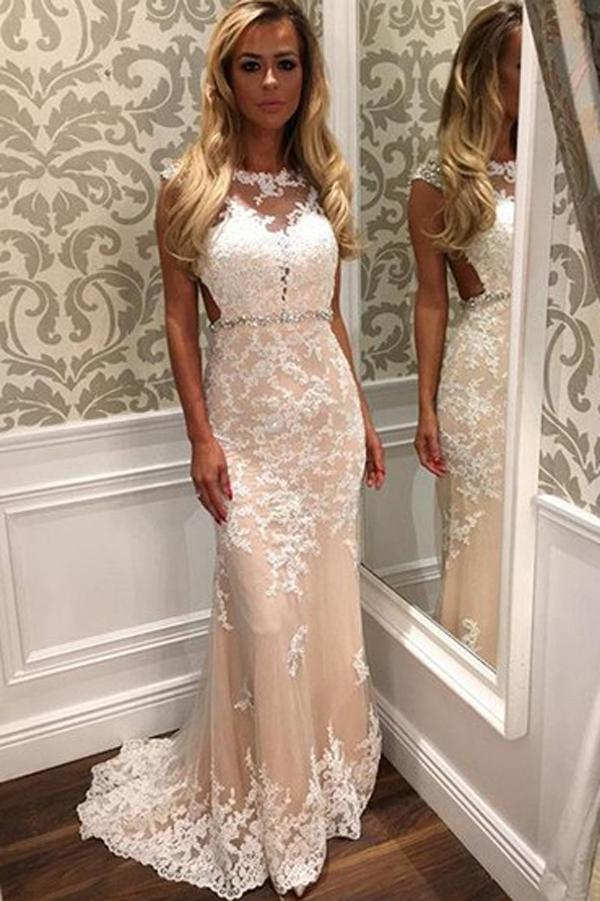 New Arrival Sheath Tulle Column Lace Backless Long Prom Dresses With Appliques, MP332