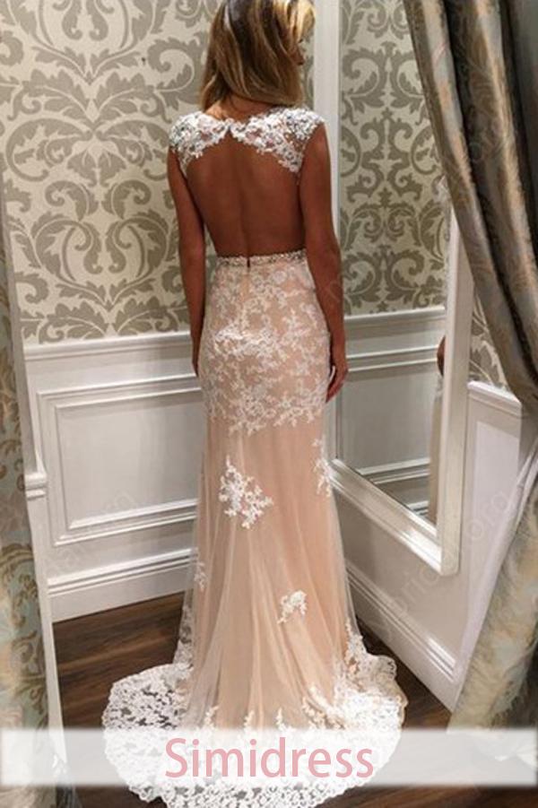 New Arrival Sheath Tulle Column Lace Backless Long Prom Dresses With Appliques, MP332|musebridals.com