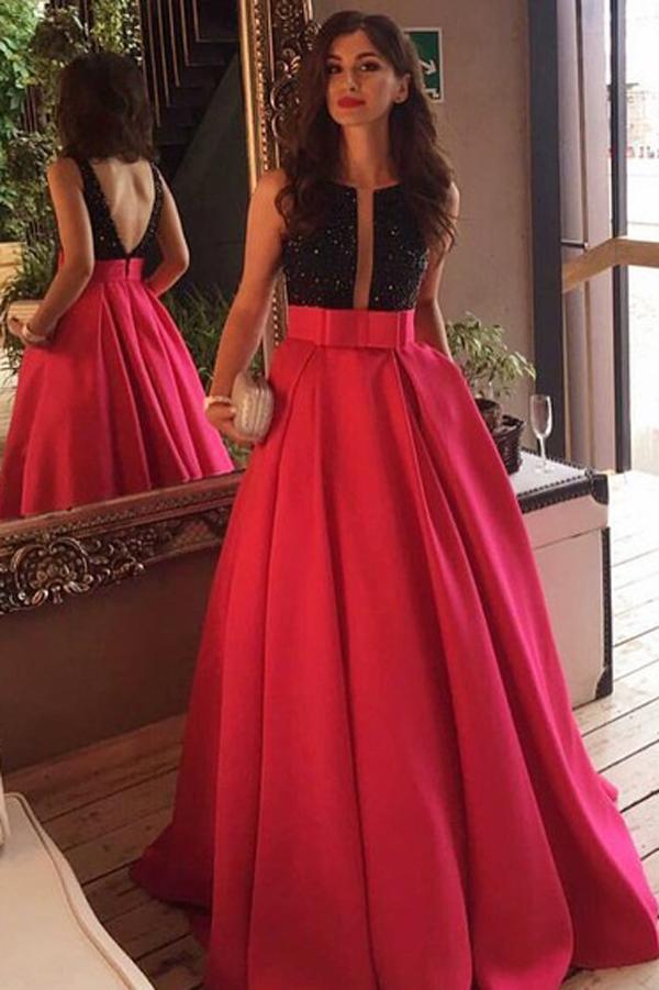 Red Satin Backless A-line Scoop Neck Long Prom Dresses with Sweep Train, MP364
