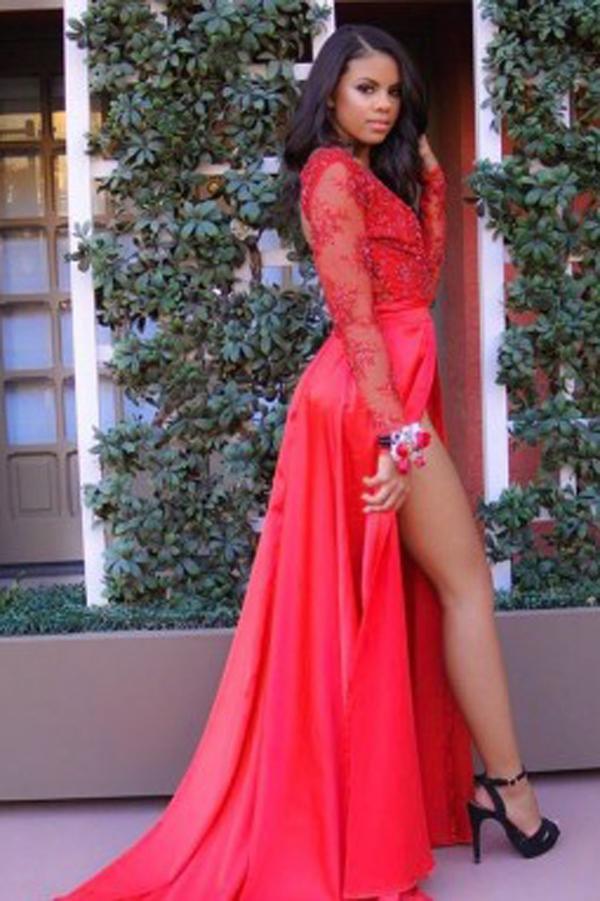 Charming Red Long Sleeves Chiffon Prom Dresses with Slit and Sweep Train, MP353