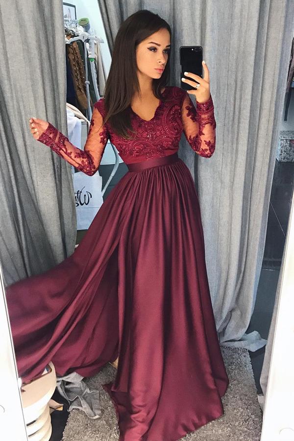 Burgundy Long Sleeves A-line Satin Long Prom Dresses Evening Dresses, MP158