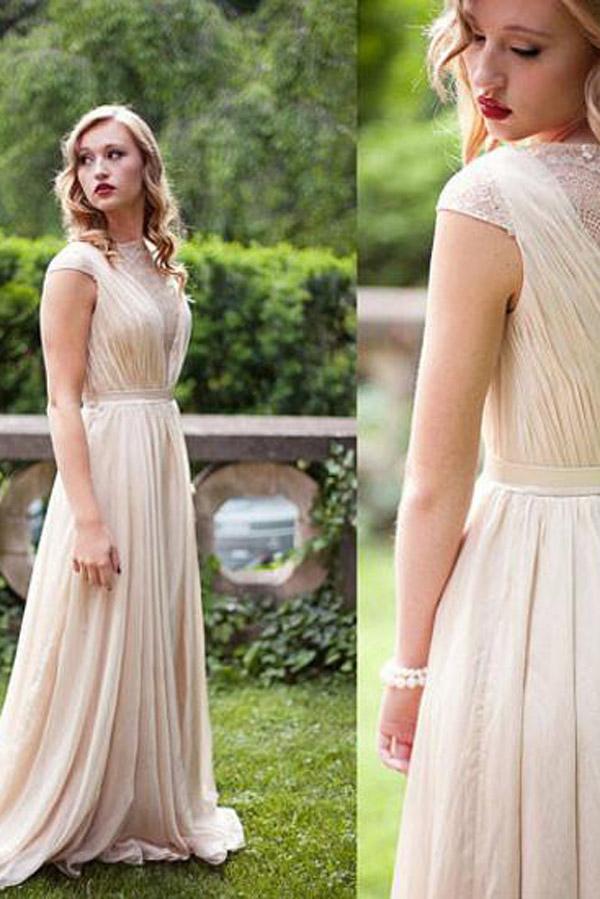 Chiffon Cap Sleeves A-line Bridesmaid Dresses, Simple Long Prom Dress, MB103