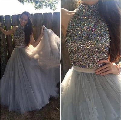 Grey Tulle  High Neck A-line Halter Long Prom Dress with Beading, Evening Dress, MP252|musebridals.com