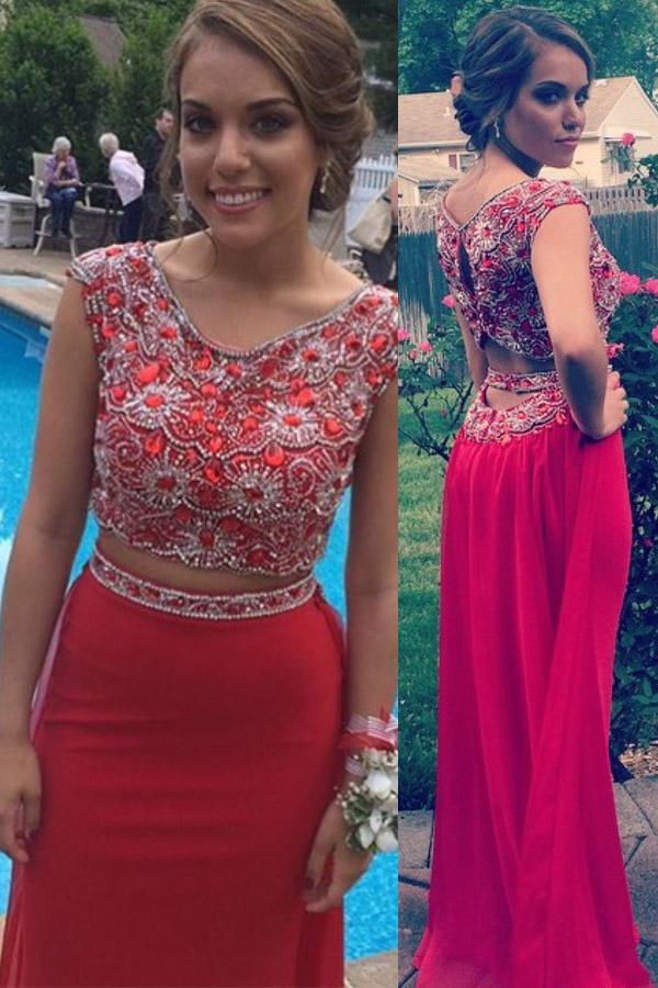 Red Mermaid Beaded Two Pieces Long Prom Dresses, Formal Dress, MP358