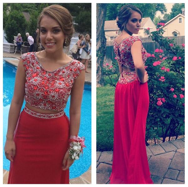 Red Mermaid Beaded Two Pieces Long Prom Dresses, Formal Dress, MP358|musebridals.com