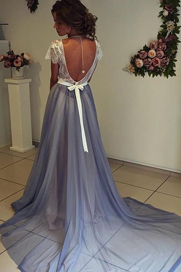Charming Chiffon Cap Sleeves Scoop Neckline Prom Dress with Lace Back, MP211 at musebridals.com
