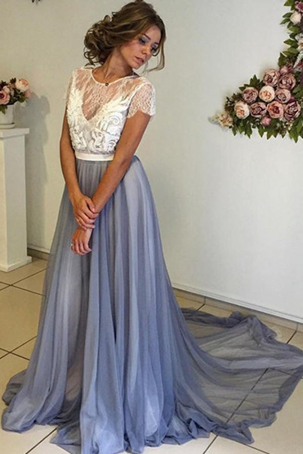 Charming Chiffon Cap Sleeves Scoop Neckline Prom Dress with Lace Back, MP211