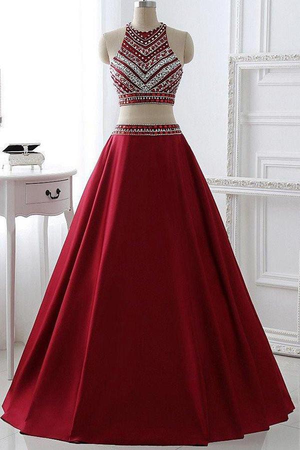 Burgundy Satin A-line Beaded Two Pieces Long Prom Dress Evening Dresses, MP155