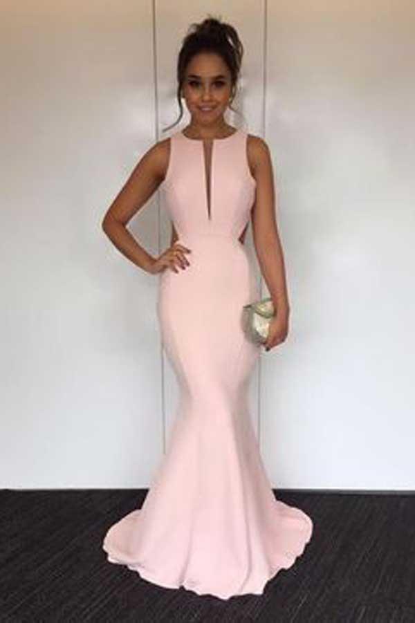 Pearl Pink Round Neck Open Back Mermaid Prom Dresses with Sweep Train, MP319