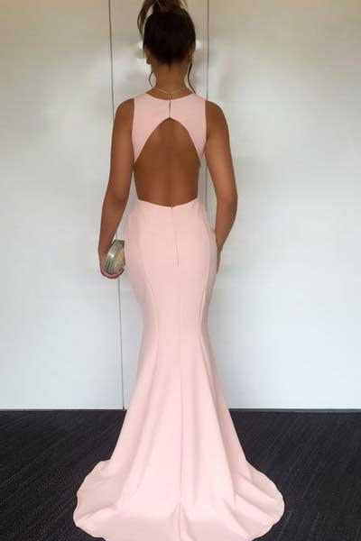 Pearl Pink Round Neck Open Back Mermaid Prom Dresses with Sweep Train, MP319|musebridals.com