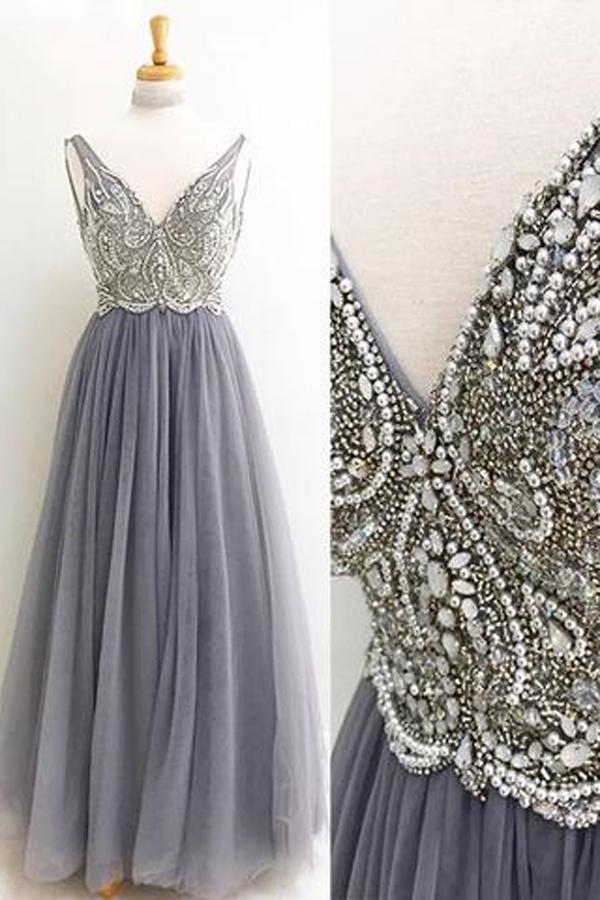 Gray Tulle V Neck Floor Length Long Prom Dress With Beading, Evening Dress, MP240