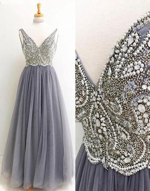 Gray Tulle V Neck Floor Length Long Prom Dress With Beading, Evening Dress, MP240|musebridals.com