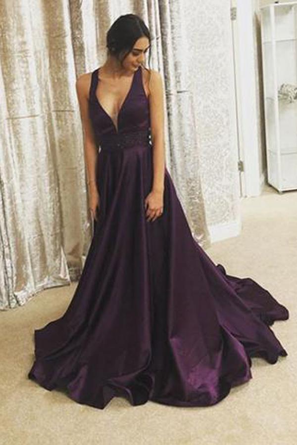 Purple Satin A-line V Neck Long Prom Dress Evening Dresses with Sweep Train, MP347