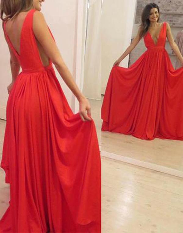 Simple Red Chiffon A-Line Floor-Length V Neck Long Prom Dresses, MP356|musebridals.com