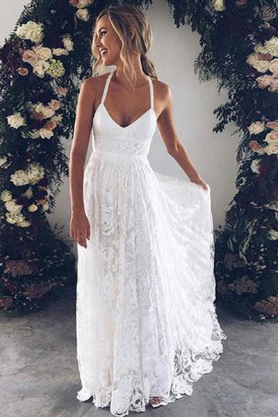 Gorgeous A-line Lace V-neck Tulle Long Wedding Dress with