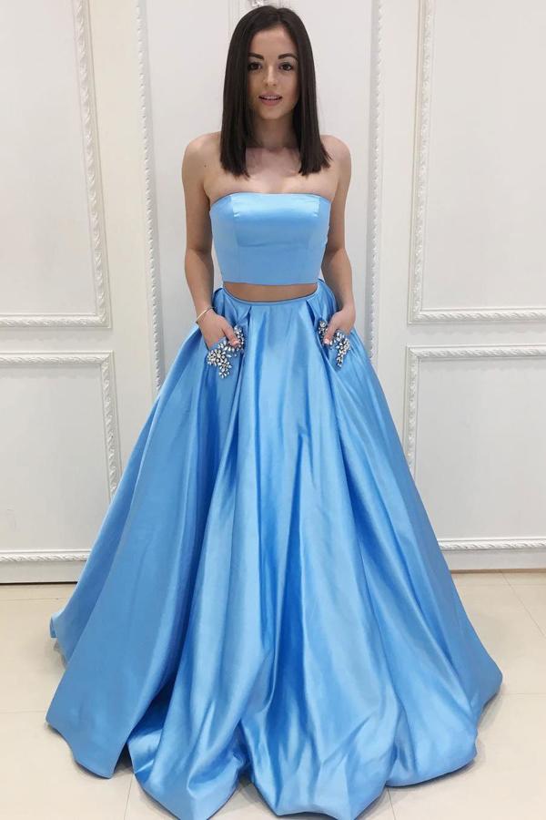 Blue A-line Strapless Satin Two Piece Long Prom Dresses with Pocket, Party Dress, MP145