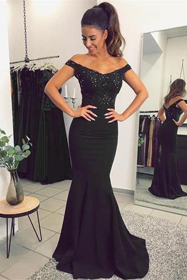 Lace Mermaid V-neck Off Shoulder Prom Dresses with Appliques, Evening Gowns, MP310