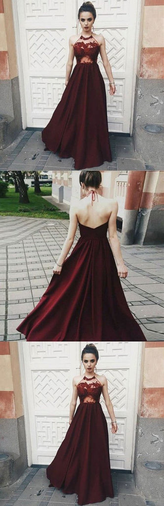 Fantastic Burgundy Halter Top V Back Long Prom Dresses, Evening Dress, MP220|musebridals.com