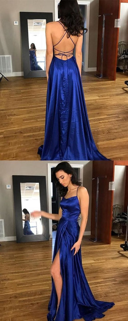 Blue A-Line Backless Satin Split Long Prom Dress with Sweep Train, Evening Dress, MP143 at musebridals.com