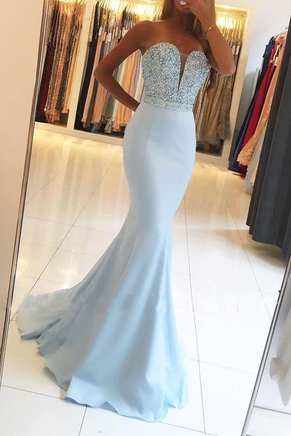 Light Blue Mermaid Sweetheart Neck Beaded Bodice Long Prom Dresses, MP268