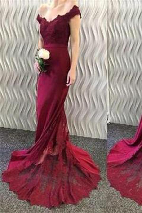 Burgundy Off Shoulder Mermaid Prom Dress With Small Train, Bridesmaid Dress, MP152
