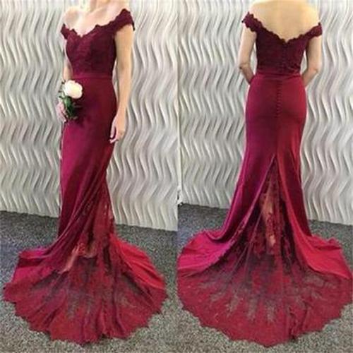 Burgundy Off Shoulder Mermaid Prom Dress With Small Train, Bridesmaid Dress, MP152 from musebridals.com
