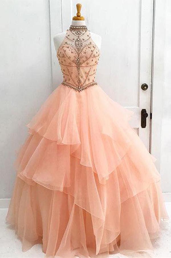 Organza High Neck Ball Gown Halter Beaded Prom Dresses Quinceanera Dress, MP315