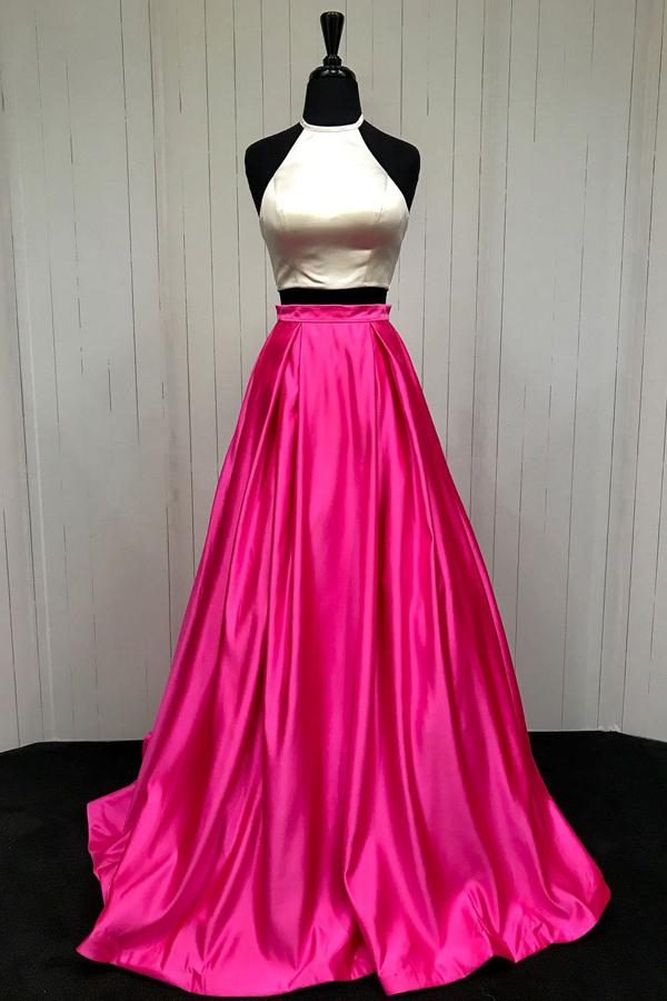 Simple Hot Pink Two Piece A-line Halter Cheap Long Prom Dresses, MP407