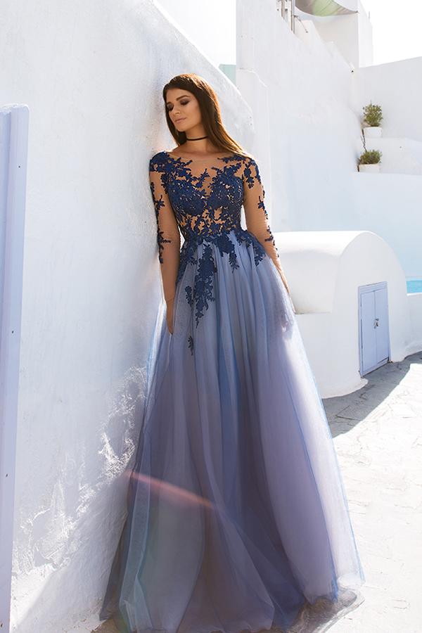 Blue Lace Open Back See Through Long Sleeve Evening Dress, Prom Dresses, MP141