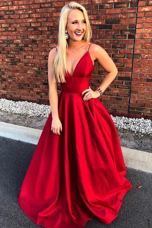 Simple Red Spaghetti Straps A-line V Neck Long Prom Dresses, MP393