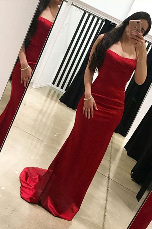 Red Simple Sheath Spaghetti Straps Lace-Up Sweep Train Long Prom Dress, MP217