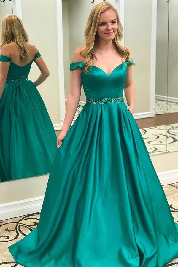 Green Satin Off the Shoulder Beaded Formal Dress, Ball Gowns Prom Dresses, MP242