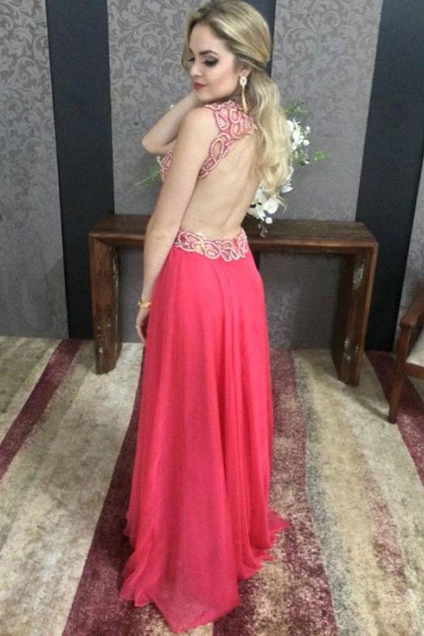 Red Chiffon Open Back A-line V-neck Beaded Floor Length Prom Dresses, MP415|musebridals.com