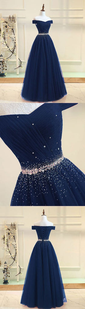 Navy Blue Off Shoulder Tulle Floor Length Long Prom Dress Evening
