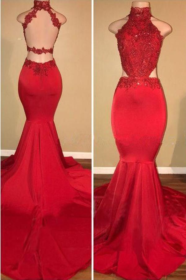 Red Lace Halter Mermaid Long Prom Dress With Train, Formal Dresses, MP359