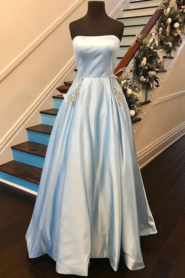 Sky Blue Strapless Off Shoulder Satin A-line Prom Dresses with Rhinestone Beading, MP360