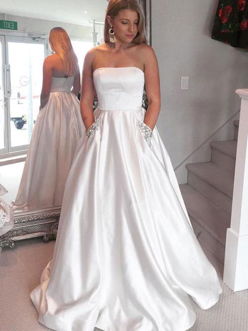 Sky Blue Strapless Off Shoulder Satin A-line Prom Dresses with Rhinestone Beading, MP360|musebridals.com