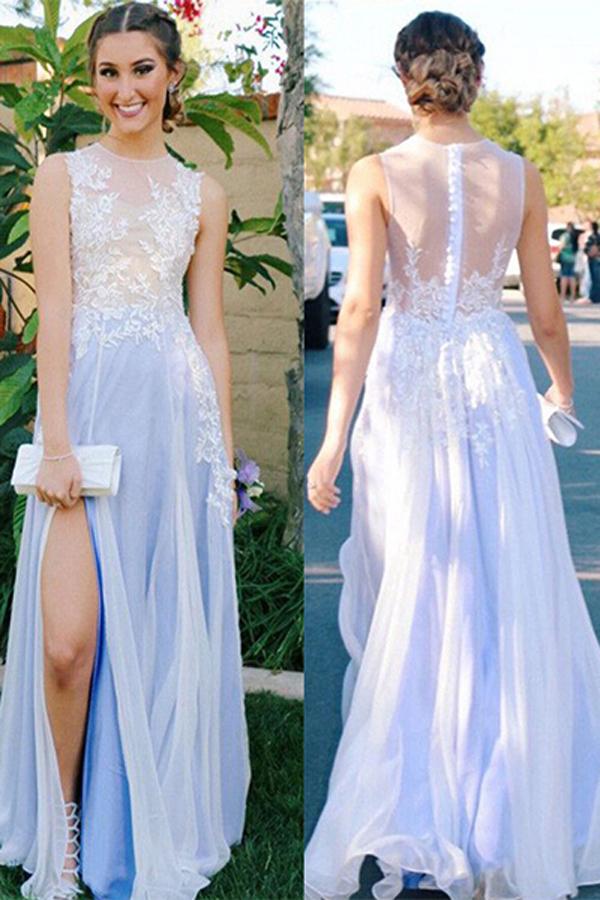 Light Blue Chiffon See Through Split Long Prom Dresses with Appliques, MP267