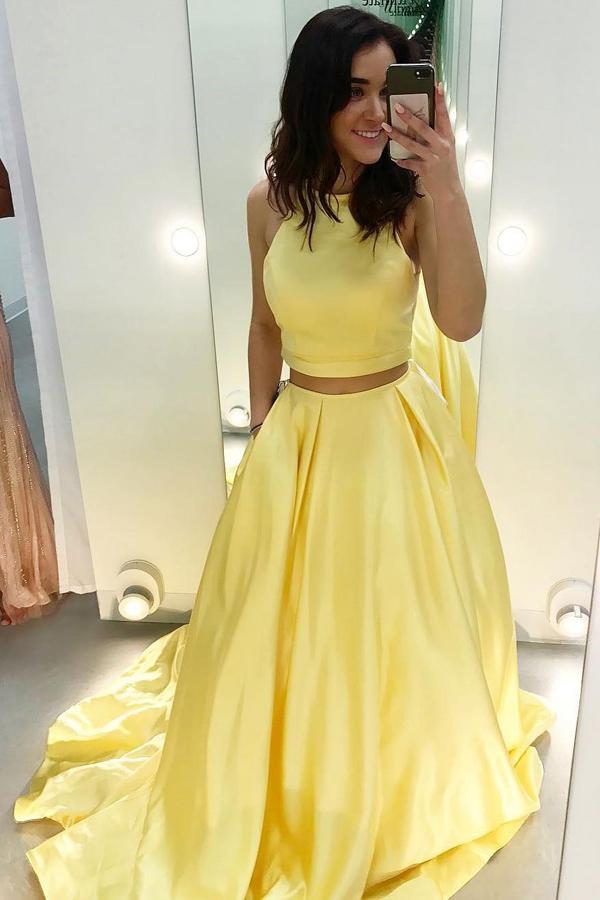 Cheap Two Piece Yellow Satin Formal Halter Simple Long Prom Dresses, MP174