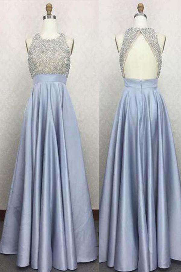 Shinny A-Line Top Beaded Open Back High Neck Floor Length Prom Dresses, MP387