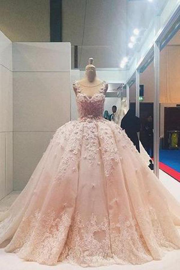 Pink Lace Beaded Ball Gown Applique Wedding Dresses Quinceanera Dress, MW204