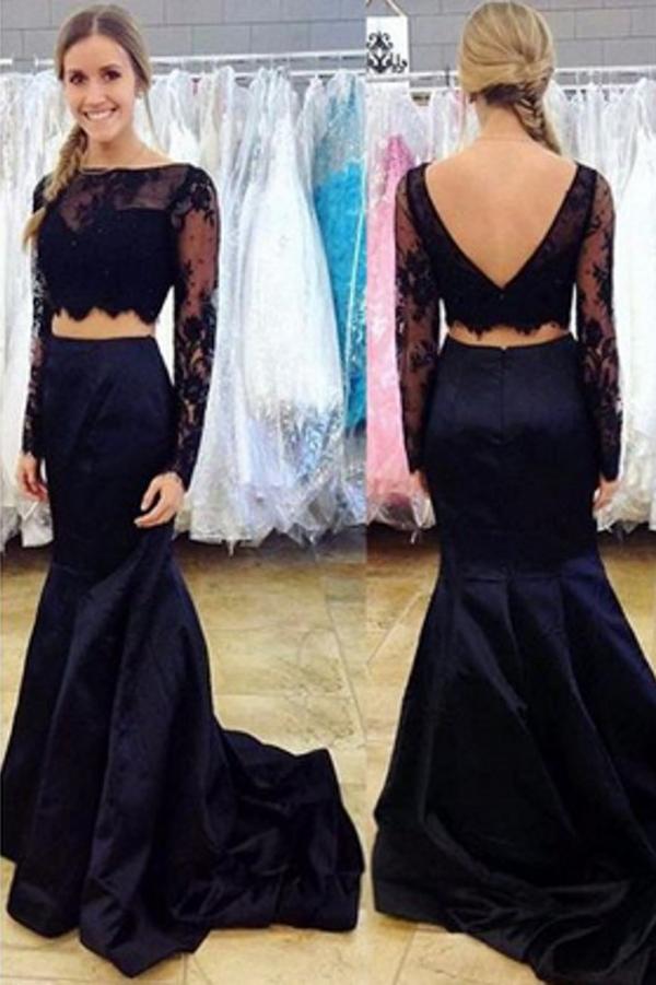 Navy Blue Two Piece Long Sleeves Mermaid Prom Dresses With Appliques, MP288