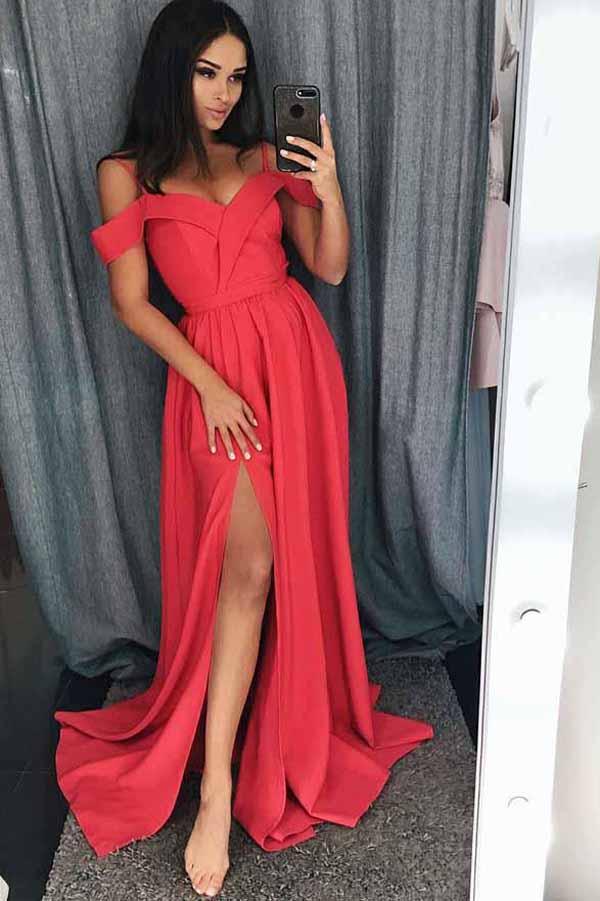 Red Satin A-Line Cold Shoulder Long Prom Dress with Slit, Evening Dresses, MP363