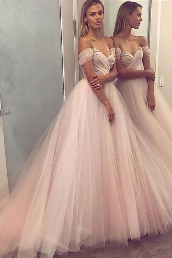 Off Shoulder Pale Pink A-line Satin Beaded Prom Dresses