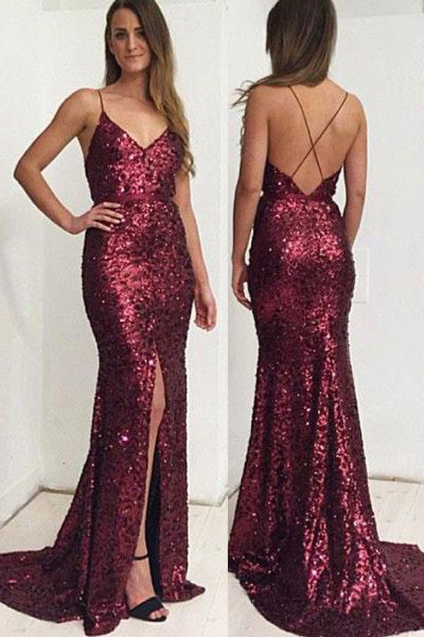 Gorgeous Sequin Mermaid Spaghetti Straps Long Prom Dress with Side Slit, MP230