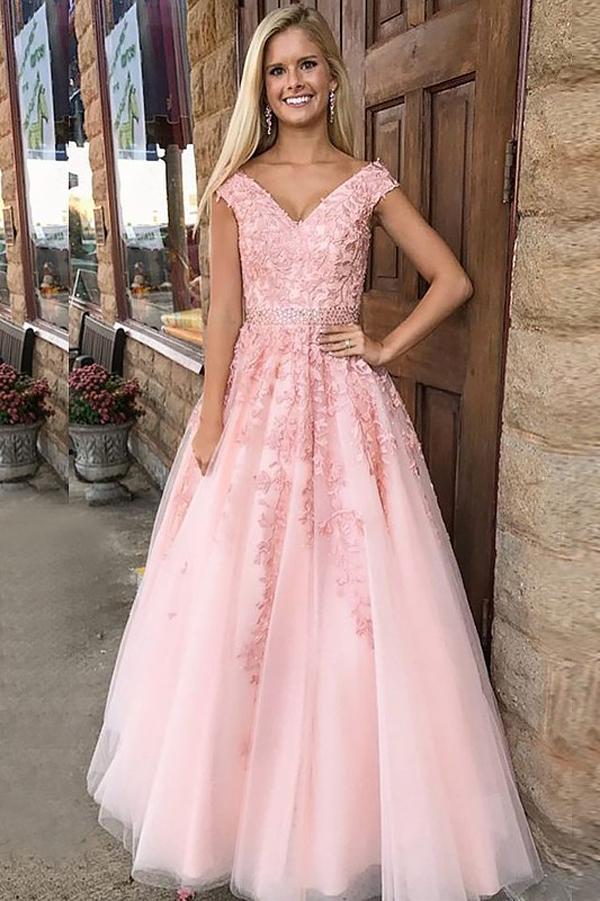A-line Pink Tulle Princess V-Neck Floor-Length Long Prom Dresses with Appliques, MP425